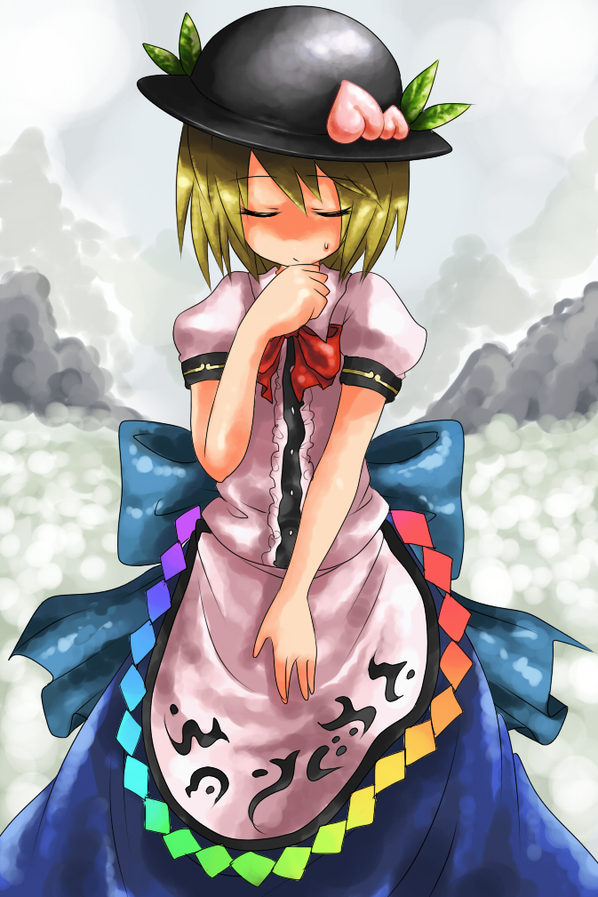 harusame (unmei no ikasumi), hinanawi tenshi, lunasa prismriver, touhou, 1girl, blonde hair, cosplay, female focus, food, fruit, hat, hinanawi tenshi (cosplay), peach, solo
