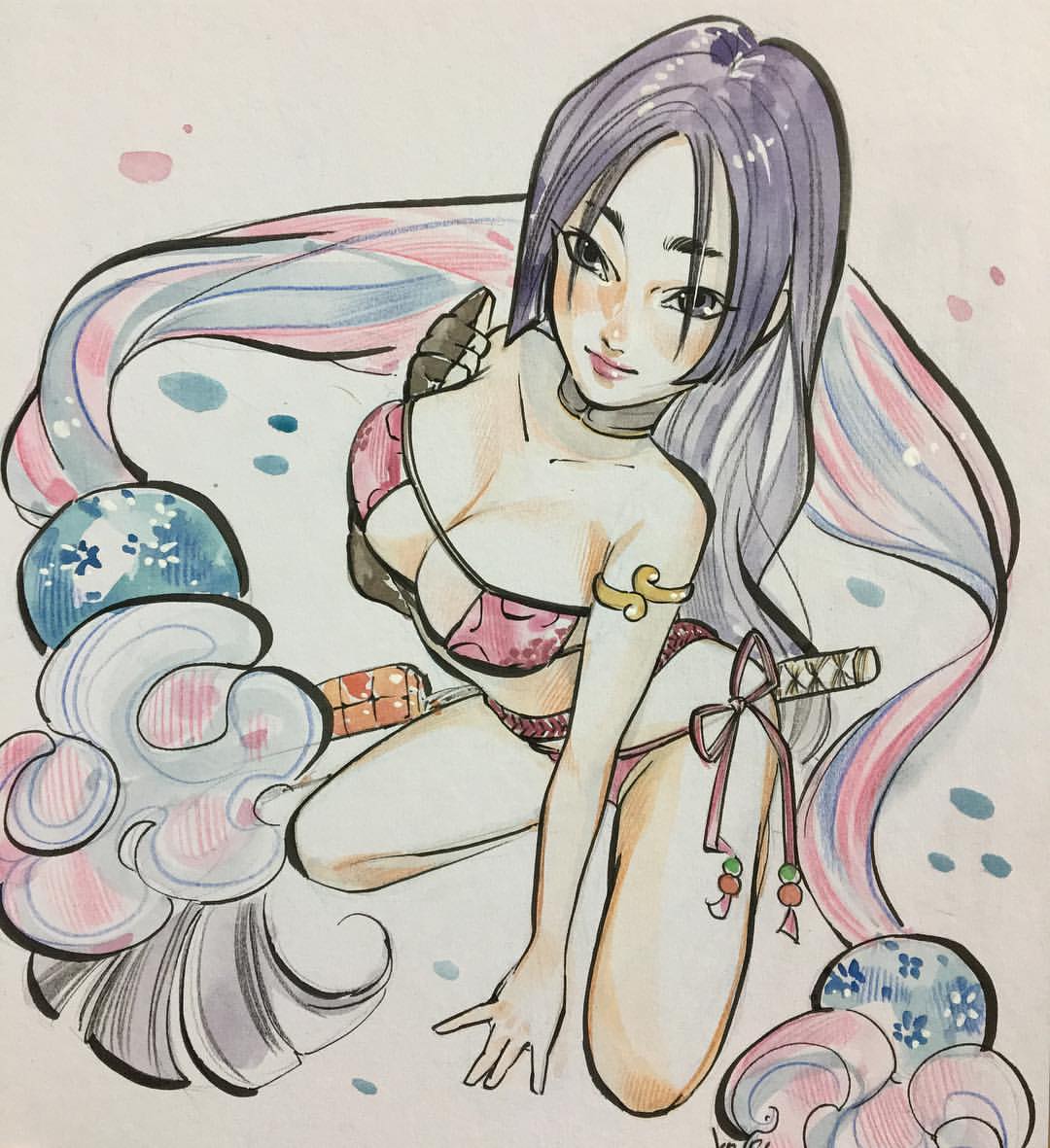 peach momoko, minamoto no raikou (fate), minamoto no raikou (fate/grand order), minamoto no raikou (swimsuit lancer) (fate), minamoto no raikou (swimsuit lancer) (third ascension) (fate), fate/grand order, fate (series), traditional media, 1girl, armlet, armpits, bare shoulders, beads, bikini, blush, breasts, choker, cleavage, collarbone, covered erect nipples, eyepatch bikini, jewelry, katana, kneeling, large breasts, lips, long hair, looking at viewer, navel, parted bangs, purple bikini, purple eyes, purple hair, shawl, simple background, solo, swimsuit, sword, thighs, very long hair, weapon