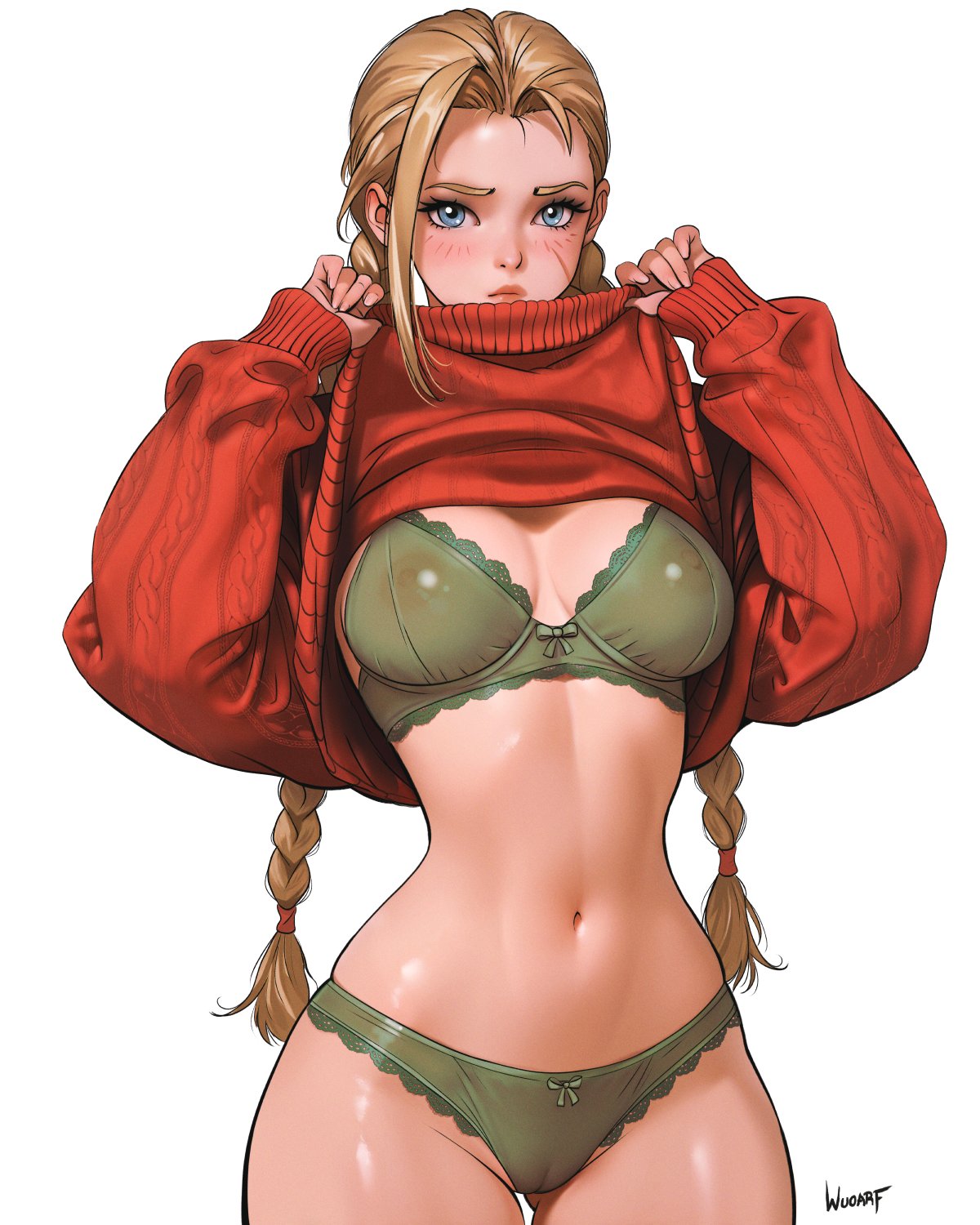 wuoarf, cammy white, street fighter, commentary, commission, english commentary, highres, 1girl, artist name, blonde hair, blue eyes, blush, bra, braid, breasts, cable knit, cameltoe, closed mouth, clothes lift, cowboy shot, facial scar, green bra, green panties, lace, lace-trimmed bra, lace-trimmed panties, lace trim, large breasts, lifting own clothes, long hair, long sleeves, looking at viewer, low twin braids, navel, nipples, panties, puffy long sleeves, puffy sleeves, red sweater, scar, scar on cheek, scar on face, see-through clothes, simple background, solo, standing, sweater, sweater lift, twin braids, underwear, very long hair, white background
