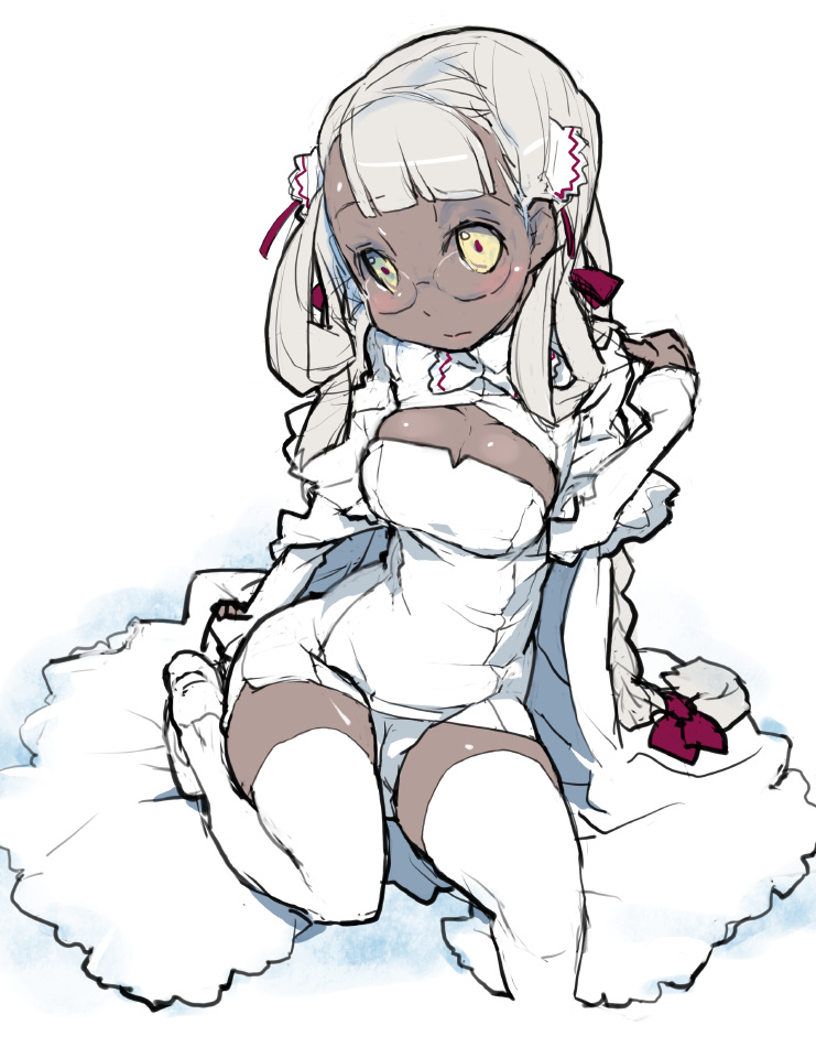 najimi shin, 1girl, blush, breasts, cleavage, dark-skinned female, dark skin, female focus, large breasts, long hair, solo, thighhighs, white hair, white thighhighs