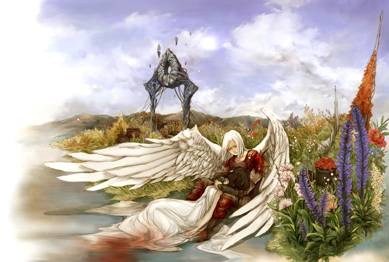 hasigari, bad id, bad pixiv id, 1boy, 1girl, angel, armor, blonde hair, blood, cloud, day, flying, holding, sky, wings