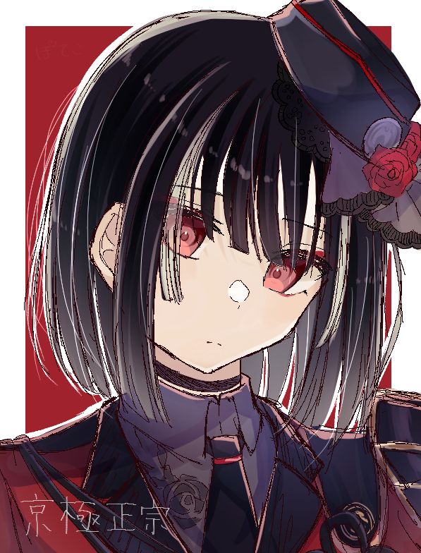 kyogoku masamune, touken ranbu, 1boy, black choker, black hair, black hat, choker, closed mouth, expressionless, flower, grey hair, grey ribbon, grey shirt, hair rings, hat, jacket, red eyes, red flower, red jacket, shirt, short hair, solo, sweetpotechi103, tilted headwear