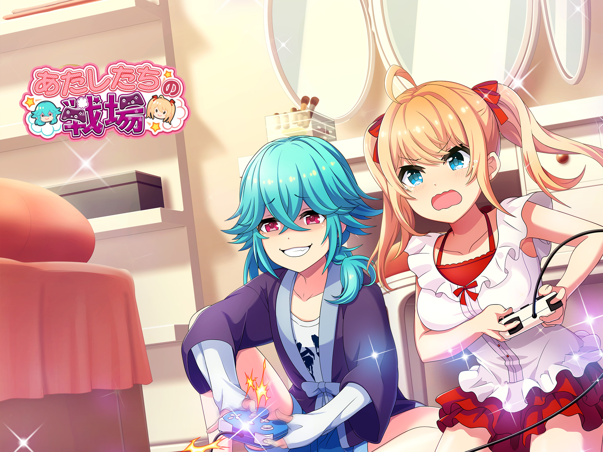 aya (project tokyo dolls), yamada (project tokyo dolls), project tokyo dolls, highres, official art, second-party source, translated, 2girls, ^^^, ahoge, bathrobe, bed, blonde hair, blue hair, blush, bow, bowtie, breasts, collarbone, competition, controller, desk, dot nose, drawer, dress, dutch angle, elbow gloves, fingerless gloves, frilled dress, frills, game controller, gloves, grin, hair between eyes, hair bow, holding, holding controller, holding game controller, indoors, knee up, kneeling, large breasts, medium hair, mirror, motion blur, multiple girls, on floor, open mouth, playing games, purple robe, red bow, red bowtie, red eyes, red skirt, robe, shaded face, shelf, shirt, side ponytail, sidelocks, sitting, skirt, smile, sparkle, tearing up, twintails, wavy mouth, white dress, white gloves, white shirt