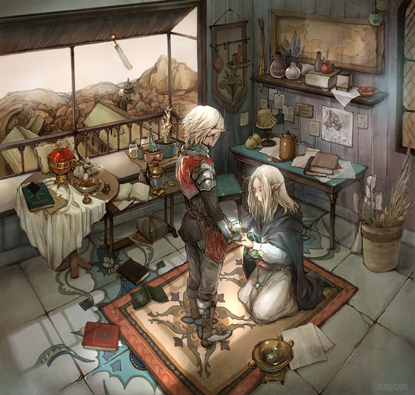 hasigari, bad id, bad pixiv id, 1boy, 1girl, blonde hair, carpet, chalice, cup, elf, magic, mountain, paper, pointy ears, room, table, wizard