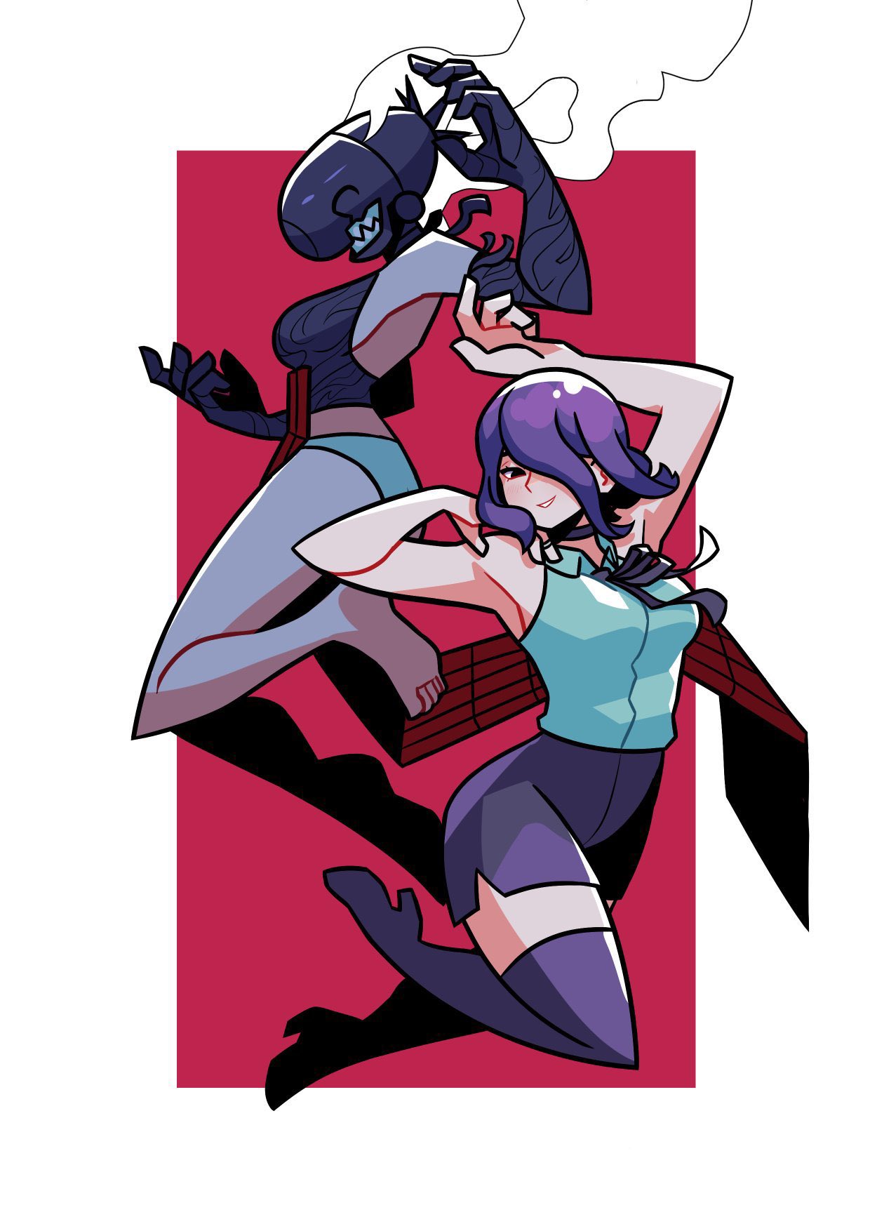 timtam, bomb devil (chainsaw man), reze (chainsaw man), chainsaw man, highres, 2girls, apron, arm up, black choker, black gloves, black ribbon, breasts, choker, dynamite, elbow gloves, explosive, gloves, grey shirt, hair over one eye, large breasts, looking at viewer, multiple girls, neck ribbon, object head, panties, purple hair, purple shorts, purple thighhighs, red apron, ribbon, shirt, shorts, sleeveless, sleeveless shirt, smoke, thighhighs, underwear, white panties