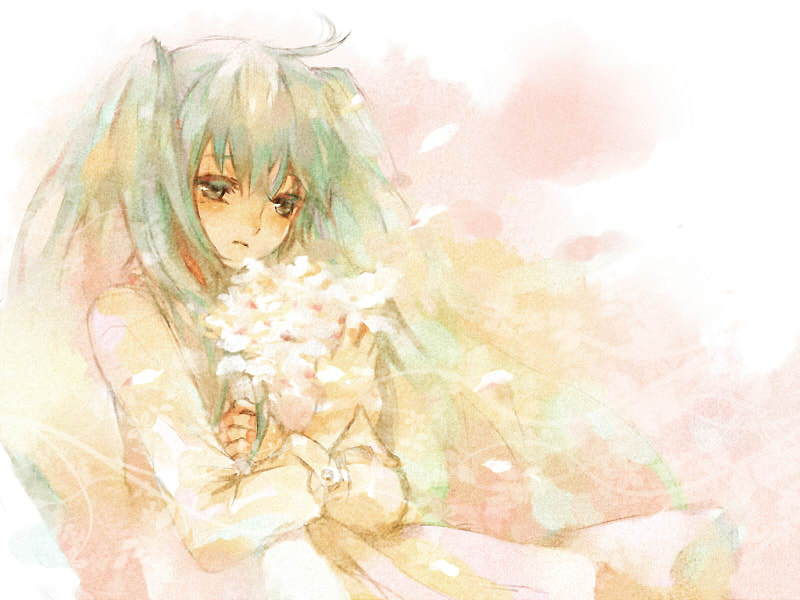 ameiro, hatsune miku, vocaloid, bad id, bad pixiv id, 1girl, ahoge, alternate costume, aqua eyes, aqua hair, bouquet, dress, eyelashes, female focus, flower, frown, holding, holding flower, long hair, long sleeves, petals, solo, twintails, upper body, very long hair, white flower, wind