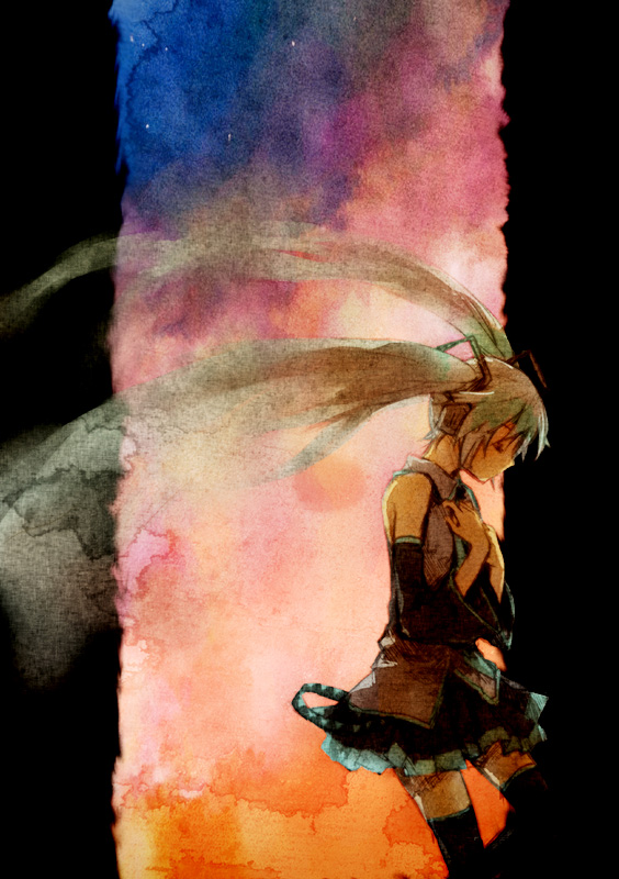 ameiro, hatsune miku, asian kung-fu generation, vocaloid, traditional media, 1girl, aqua hair, belt, black thighhighs, closed eyes, collared shirt, detached sleeves, female focus, floating hair, from side, grey shirt, hair ornament, hands on own chest, headphones, necktie, pillarboxed, pleated skirt, profile, shirt, skirt, sky, solo, star (sky), starry sky, thighhighs