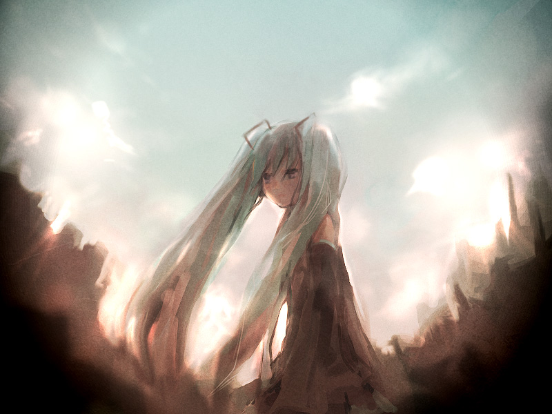 ameiro, hatsune miku, vocaloid, bad id, bad pixiv id, 1girl, black skirt, blue sky, building, cloud, collared shirt, detached sleeves, female focus, from behind, from side, grey shirt, hair ornament, long hair, looking at viewer, looking back, miniskirt, necktie, outdoors, pleated skirt, ruins, shirt, skirt, sky, solo, twintails, upper body, very long hair