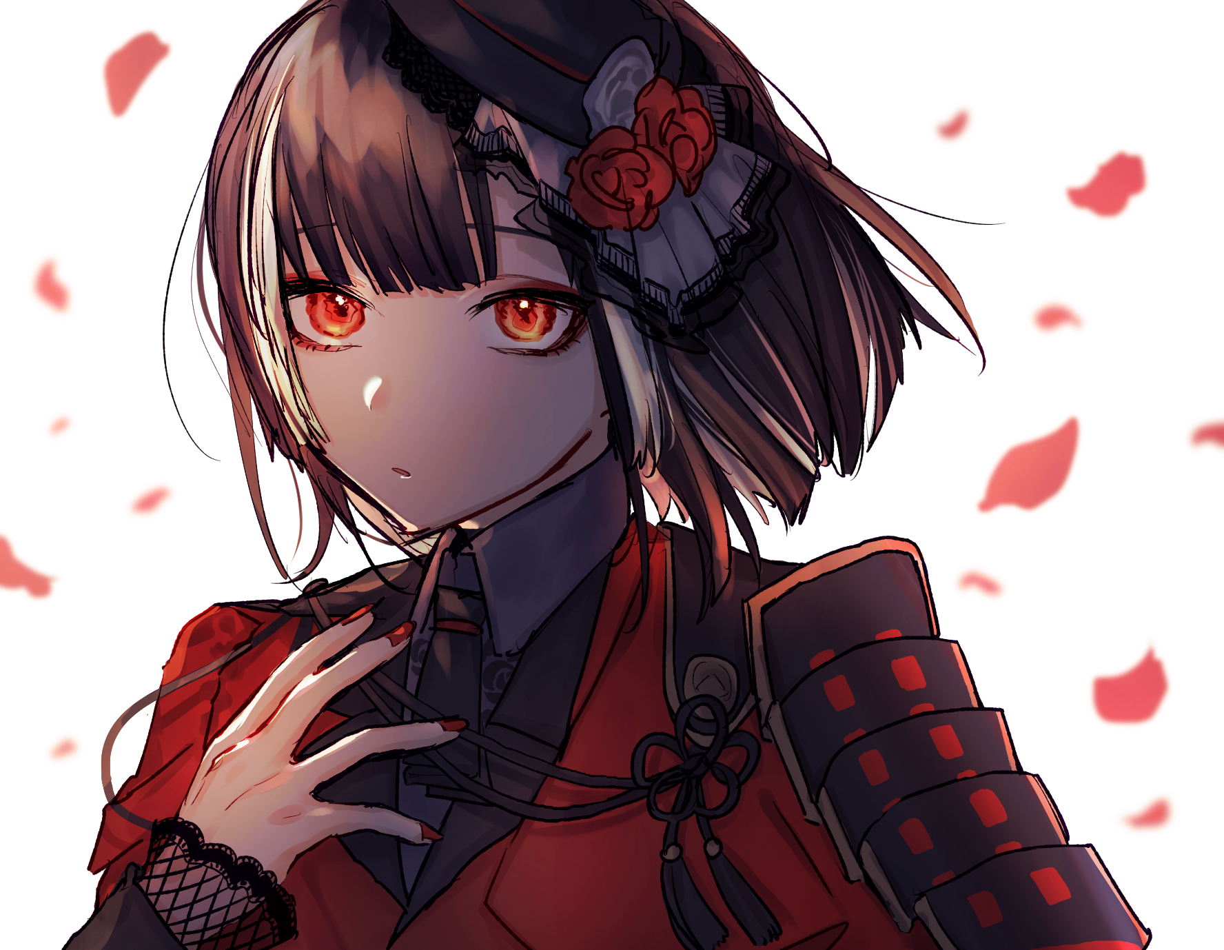 shimazu., kyogoku masamune, touken ranbu, highres, 1boy, armor, ascot, black ascot, black hair, black hat, bob cut, expressionless, falling petals, floating hair, flower, grey shirt, hand up, hat, jacket, lace-trimmed sleeves, lace trim, long sleeves, male focus, nail polish, parted lips, petals, red eyes, red flower, red jacket, red nails, rose, shirt, short hair, shoulder armor, solo, tilted headwear