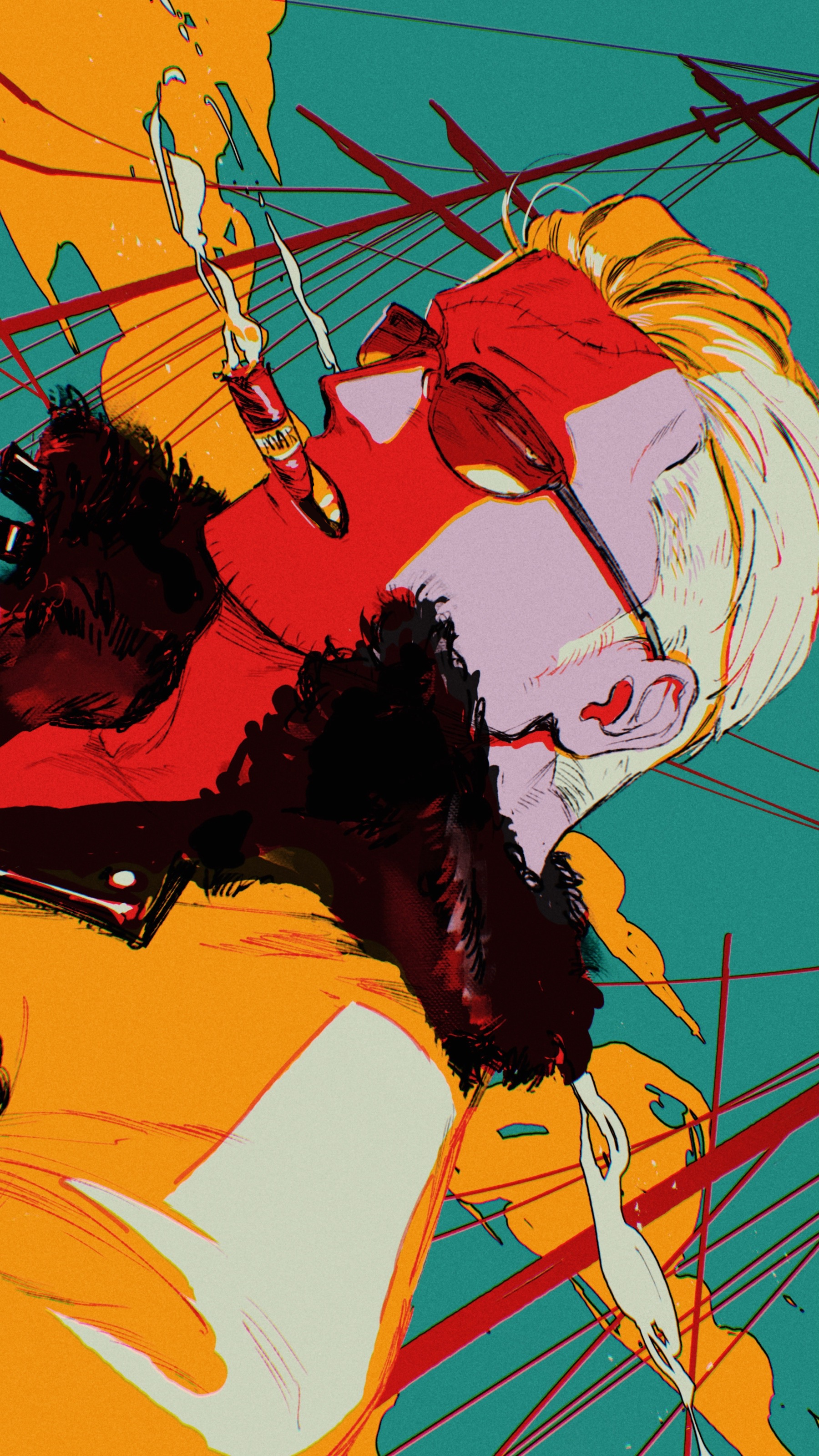kabane (rjev8385), smoker (one piece), one piece, absurdres, commentary request, highres, 1boy, cigar, facial hair, flat color, fur-trimmed jacket, fur trim, green sky, half-closed eyes, jacket, long sideburns, looking at viewer, male focus, mature male, mouth hold, muscular, muscular male, scar, scar on face, scar on forehead, short hair, sideburns, sky, smoke, smoke trail, smoking, solo, sunglasses, utility pole, white hair, white jacket