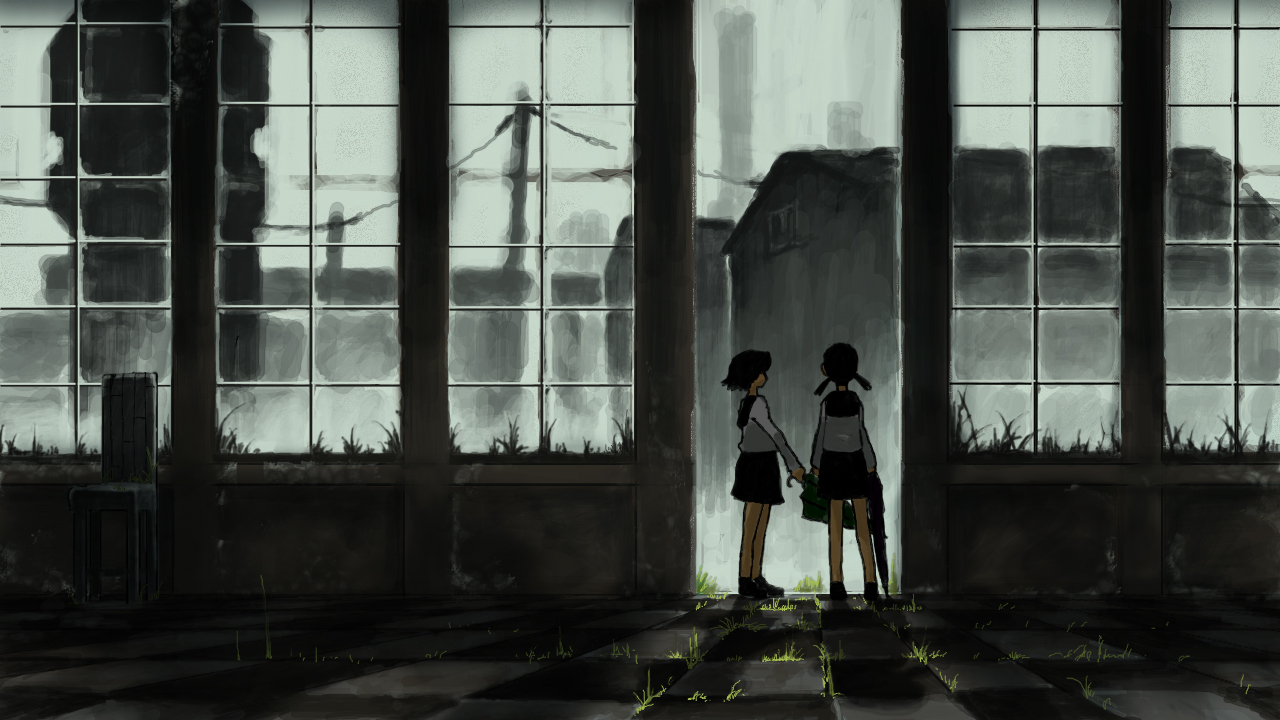 sanyama tarou, 2girls, arms at sides, blouse, checkered floor, closed umbrella, dark, day, grey sky, holding, holding umbrella, house, indoors, legs apart, legs together, multiple girls, scenery, school uniform, serafuku, shirt, sky, standing, umbrella, white shirt, window