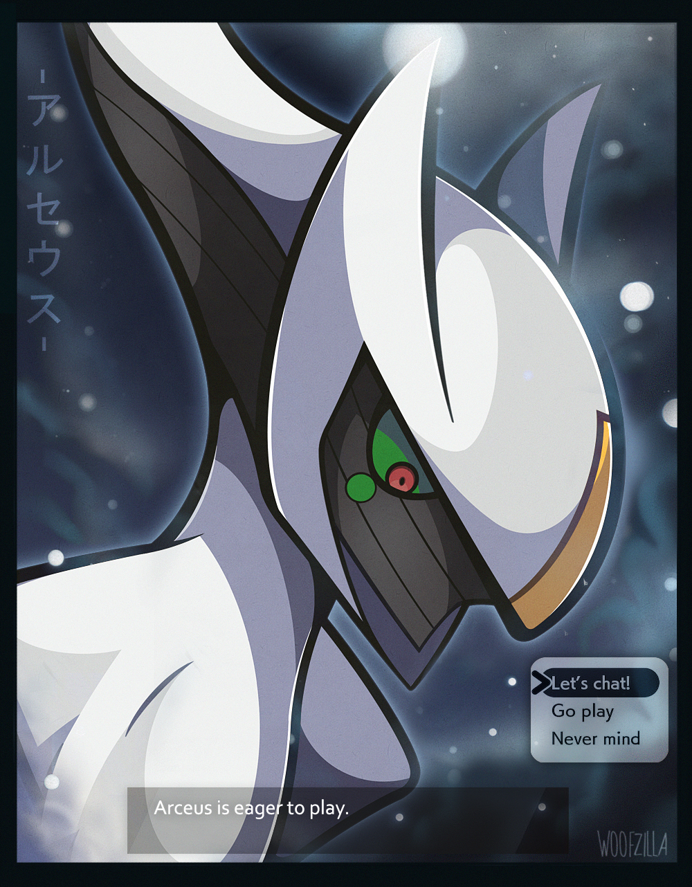 woofzilla, arceus, nintendo, pokemon, commentary, english commentary, highres, translation request, black border, border, colored sclera, dialogue box, dialogue options, gen 4 pokemon, green sclera, legendary pokemon, mixed-language text, mythical pokemon, no humans, outdoors, pokemon (creature), red eyes, snowing, solo