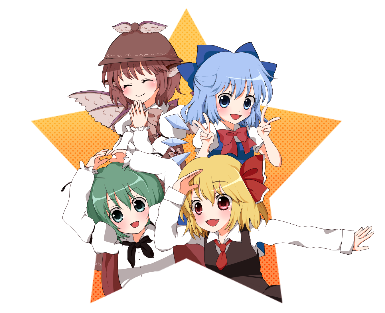 purin jiisan, cirno, mystia lorelei, rumia, wriggle nightbug, touhou, 4girls, animal ears, antennae, blonde hair, blue eyes, blue hair, female focus, green eyes, green hair, hair ornament, hair ribbon, hat, multiple girls, red eyes, ribbon, team 9 (touhou), upper body, v, white background, wings