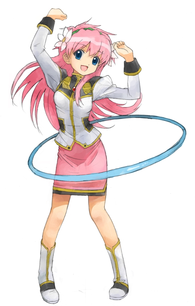 nyama, milfeulle sakuraba, galaxy angel, bad id, bad pixiv id, 00s, 1girl, blue eyes, boots, female focus, flower, full body, hoop, hula hoop, long hair, pencil skirt, pink hair, see-through clothes, simple background, skirt, solo