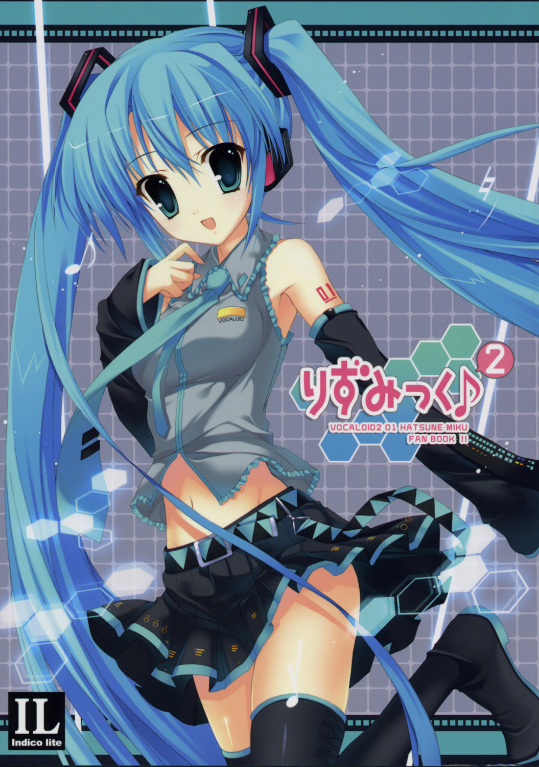 mitha, hatsune miku, vocaloid, highres, blue eyes, blue hair, long hair, solo, thighhighs, twintails, very long hair