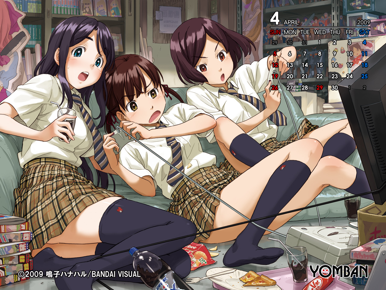 naruko hanaharu, kitkat, original, pepsi, sega, yomban, striped neckwear, 2009, 3girls, black hair, black socks, black thighhighs, book, brown eyes, brown hair, cable, calendar, controller, copyright notice, couch, d:, drink, drinking straw, feet, figure, food, fork, game console, game controller, gamepad, glass, green eyes, kneehighs, long hair, manga (object), messy room, multiple girls, necktie, no shoes, open mouth, otaku room, pizza, plaid clothes, plaid skirt, playing games, product placement, purple hair, raised eyebrow, red eyes, room, school uniform, sega saturn, shelf, short hair, sitting, skirt, slice of life, socks, soda, striped necktie, television, thighhighs, twintails, video game, yellow eyes, zettai ryouiki