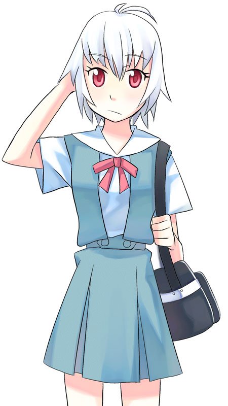 itami kiyoshi ichi, itami sumihito, ayanami rei, neon genesis evangelion, bad id, bad pixiv id, 1girl, female focus, red eyes, school uniform, short hair, solo, white hair