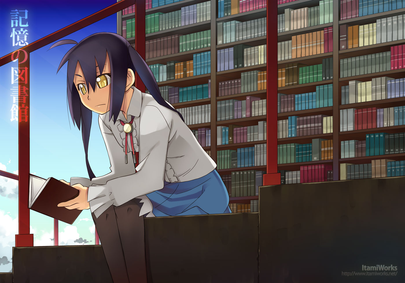 itami kiyoshi ichi, itami sumihito, original, bad id, bad pixiv id, 1girl, ahoge, black hair, book, female focus, library, open book, pantyhose, reading, sitting, solo, twintails, yellow eyes
