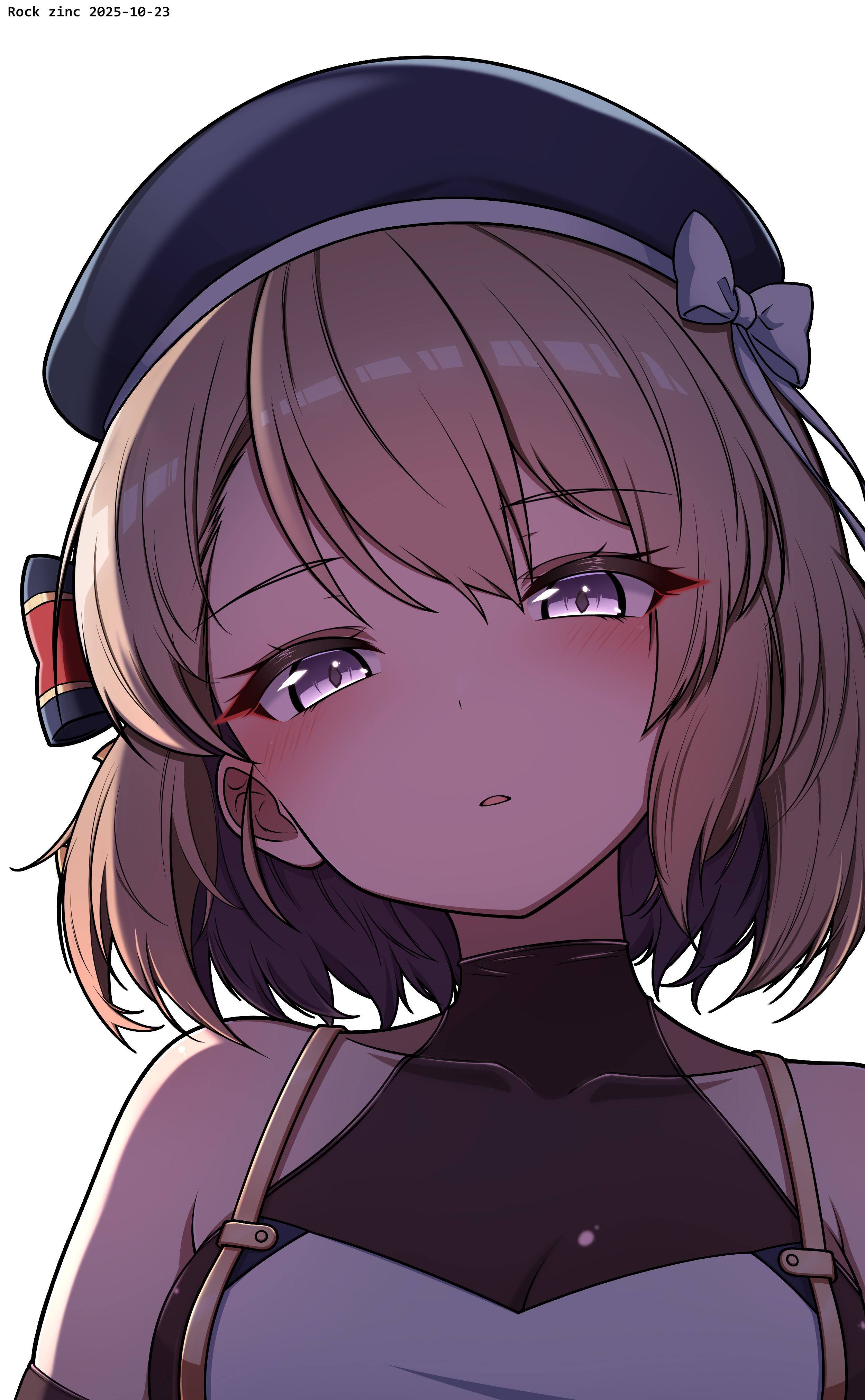 rock zinc, z23 (azur lane), azur lane, absurdres, highres, 1girl, artist name, bare shoulders, beret, black hat, blush, bow, breasts, brown hair, dated, dress, hair between eyes, hat, hat bow, head tilt, looking at viewer, medium breasts, parted lips, purple eyes, see-through cleavage, see-through clothes, simple background, solo, striped bow, upper body, white background, white bow, white dress