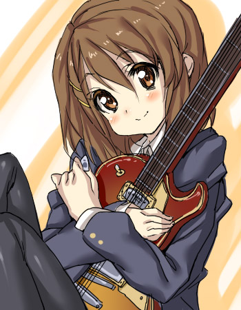 kink (tortoiseshell), hirasawa yui, k-on!, lowres, 00s, 1girl, blush, brown eyes, brown hair, electric guitar, female focus, gibson les paul, guitar, hair ornament, hairclip, instrument, pantyhose, school uniform, short hair, smile, solo