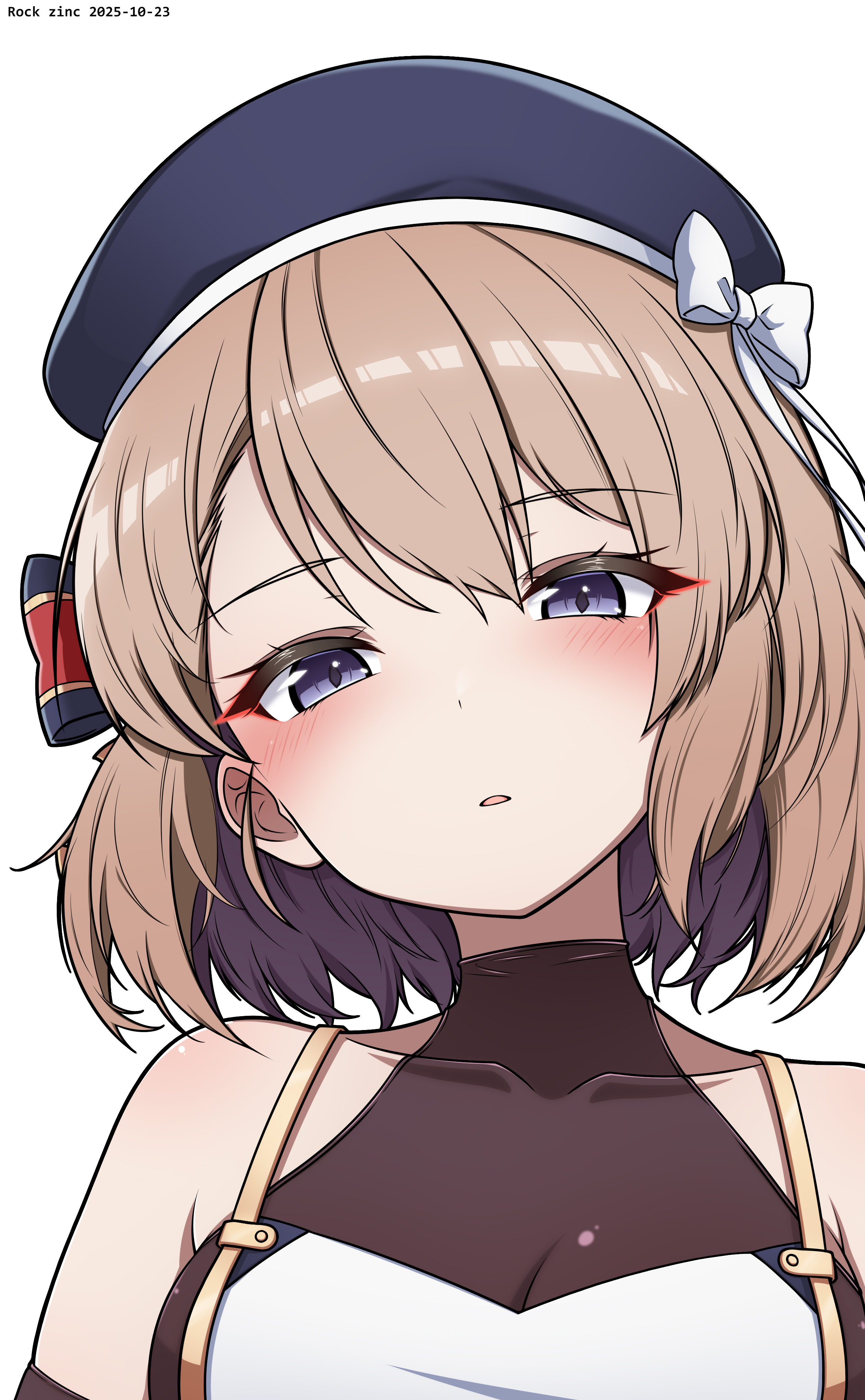 rock zinc, z23 (azur lane), azur lane, absurdres, highres, 1girl, artist name, bare shoulders, beret, black hat, blush, bow, breasts, brown hair, dated, dress, hair between eyes, hat, hat bow, head tilt, looking at viewer, medium breasts, parted lips, purple eyes, see-through cleavage, see-through clothes, simple background, solo, striped bow, upper body, white background, white bow, white dress