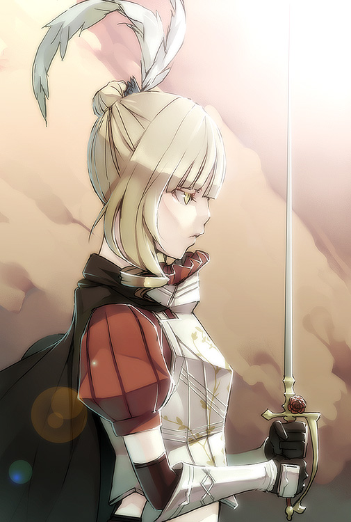 kyo (kuroichigo), fantasy earth, 1girl, armor, blonde hair, cape, female focus, gauntlets, knight, profile, puff and slash sleeves, puffy sleeves, rapier, solo, sword, weapon