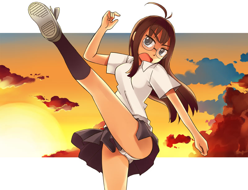 itami kiyoshi ichi, itami sumihito, bad id, bad pixiv id, brown hair, glasses, kicking, panties, pantyshot, solo, underwear, upskirt, white panties
