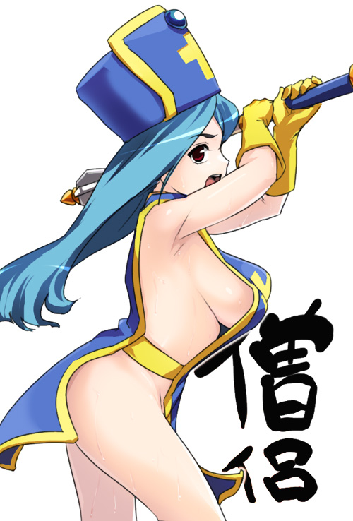 usatarou, priest (dq3), chunsoft, dragon quest, dragon quest iii, enix, 1girl, blue hair, blue hat, blue tabard, breasts, covering privates, female focus, gloves, hat, large breasts, long hair, mace, mitre, naked tabard, nude cover, red eyes, revealing clothes, sideboob, solo, staff, tabard, weapon