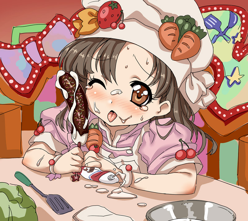 kink (tortoiseshell), hiiragi mine, cooking idol ai! mai! main!, messy, 1girl, blush, brown eyes, brown hair, chocolate-covered food, chocolate banana, female focus, hat, sexually suggestive, solo, tears