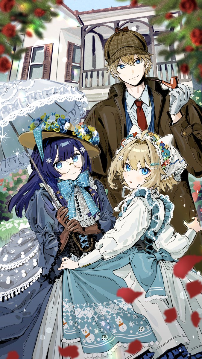fusuma (nohbrk), gepard landau, lynx landau, pela (honkai: star rail), honkai: star rail, honkai (series), commentary request, highres, 1boy, 2girls, blonde hair, blue dress, blue eyes, brother and sister, brown coat, brown gloves, brown hat, coat, detective, dress, glasses, gloves, guest art, hat, holding, holding smoking pipe, holding umbrella, kobe, long hair, multiple girls, necktie, purple eyes, purple hair, red necktie, short hair, siblings, smoking pipe, umbrella, victorian
