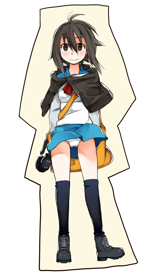 itami kiyoshi ichi, itami sumihito, original, bad id, bad pixiv id, 1girl, ahoge, black eyes, black hair, character cutout, female focus, headphones, panties, pantyshot, school uniform, solo, underwear, upskirt, white panties