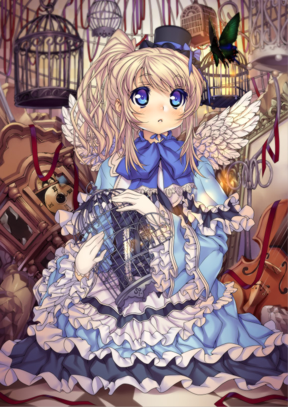 kink (tortoiseshell), 1girl, angel wings, blue eyes, blush, brown hair, bug, butterfly, cage, dress, female focus, frills, gothic lolita, hat, insect, lolita fashion, long hair, mini hat, mini top hat, solo, top hat, wings