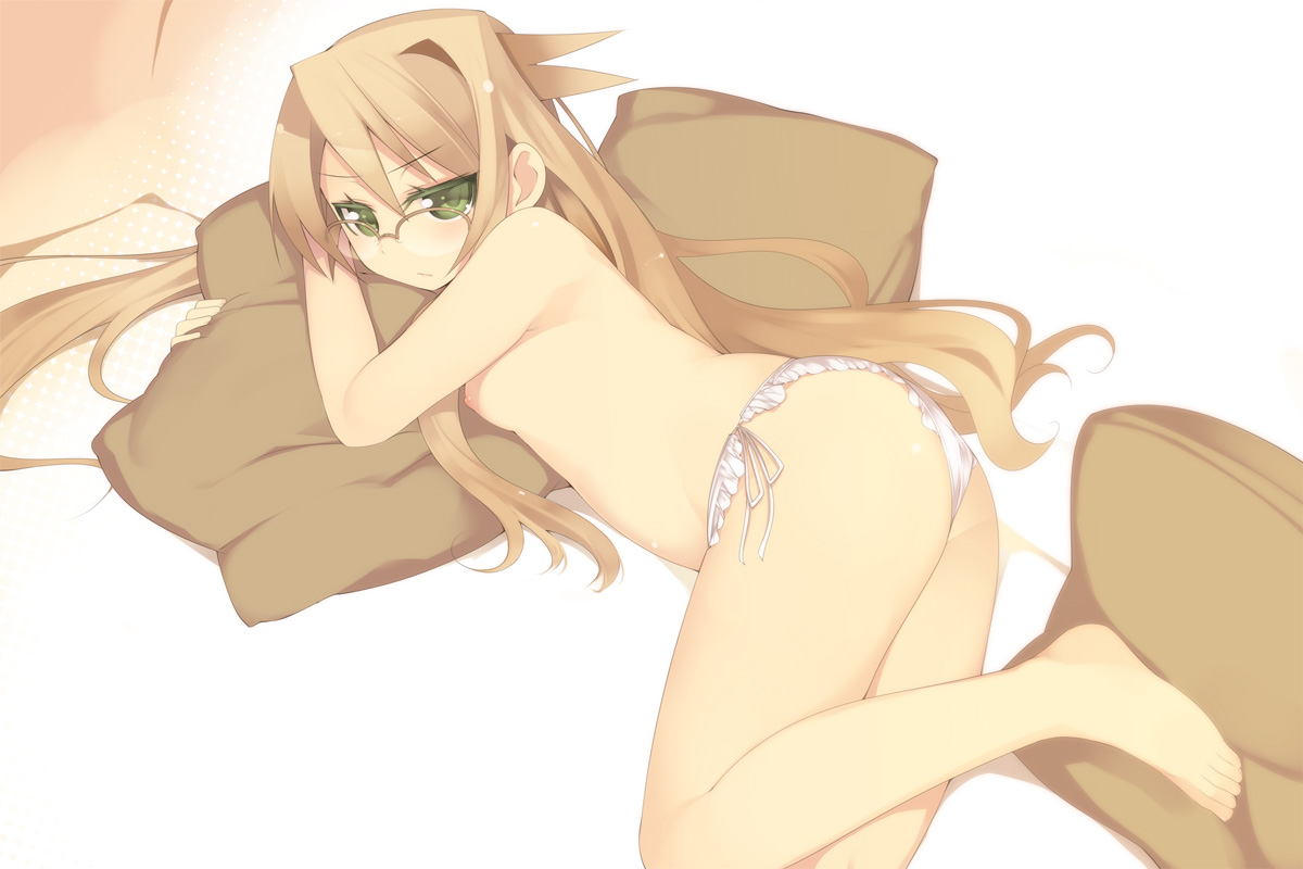 kashiwamochi yomogi, arima senka, original, 1girl, ass, barefoot, brown hair, feet, female focus, flat chest, glasses, green eyes, hugging object, long hair, panties, pillow, pillow hug, side-tie panties, solo, toes, topless female, underwear
