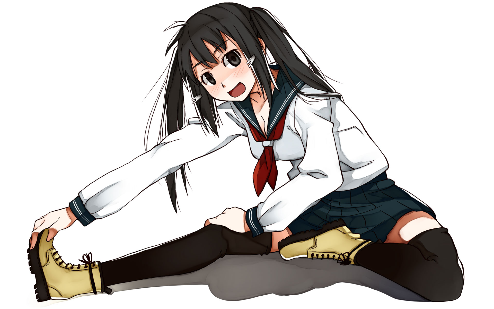 itami kiyoshi ichi, itami sumihito, original, bad id, bad pixiv id, highres, 1girl, black eyes, black hair, boots, female focus, full body, hair ornament, hairclip, school uniform, serafuku, solo, stretching, thighhighs