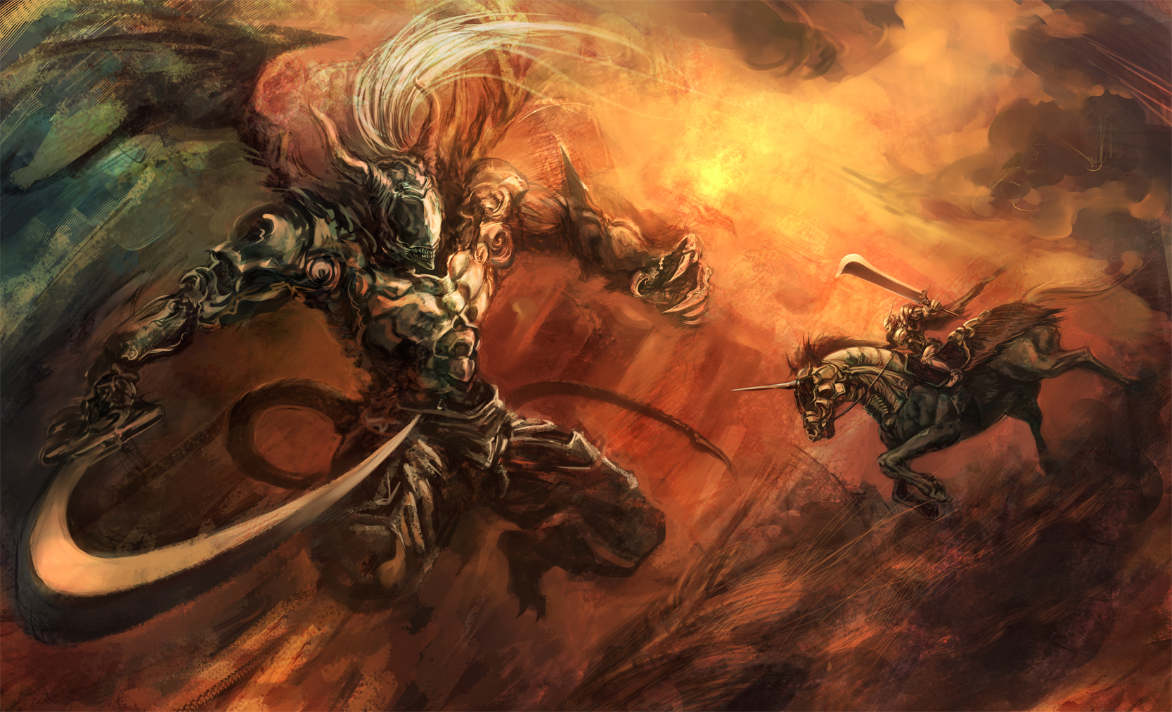 hayaken sarena, original, bad id, bad pixiv id, highres, 2boys, armor, barding, battle, claws, fantasy, giant, horns, horse, horseback riding, knight, male focus, medieval, monster, multiple boys, riding, sword, unicorn, weapon