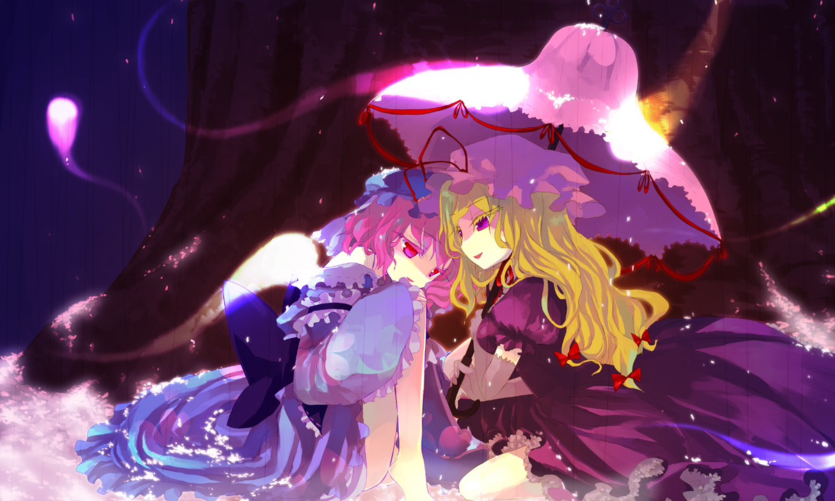hanui, saigyouji yuyuko, yakumo yukari, touhou, bad id, bad pixiv id, 2girls, barefoot, blonde hair, colored eyelashes, female focus, long hair, multiple girls, parasol, pink eyes, pink hair, purple eyes, rain, short hair, sitting, umbrella