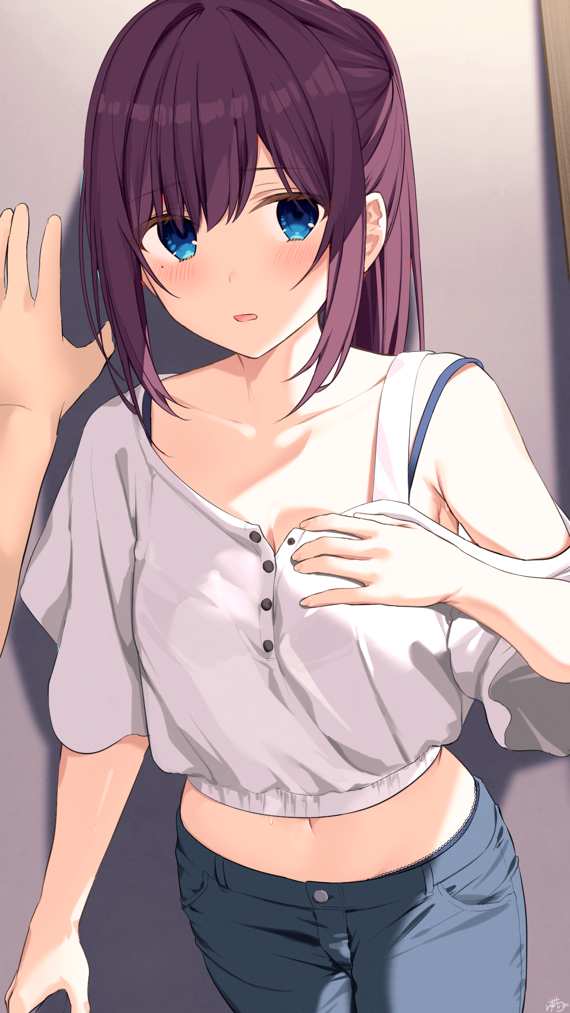 ramchi, maid-chan (ramchi), original, highres, 1girl, armpit crease, armpits, blue eyes, blue pants, bra strap, breasts, collarbone, denim, hand on own chest, jeans, kabedon, long hair, looking at viewer, medium breasts, midriff, mole, mole under eye, navel, pants, parted lips, ponytail, purple hair, shirt, short sleeves, swept bangs, white shirt