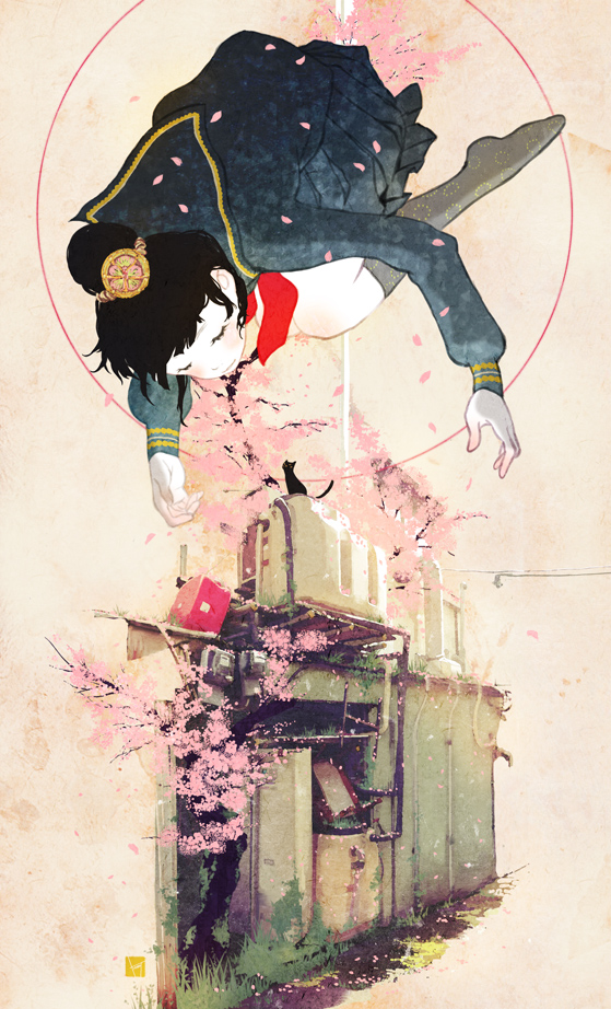 sakamoto himemi, original, bad id, bad pixiv id, cat, floating, school uniform, serafuku, socks, solo