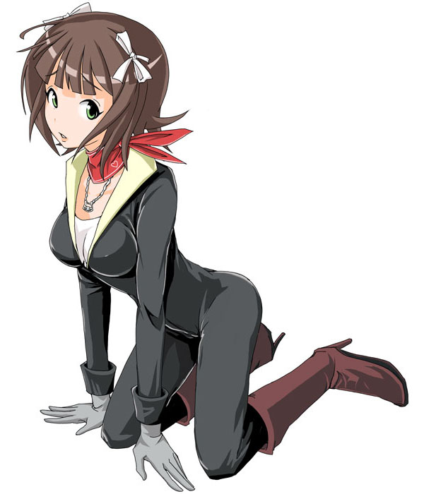 isse, issei, amami haruka, idolmaster, idolmaster (classic), idolmaster 1, 00s, 1girl, bodysuit, boots, breasts, brown hair, female focus, full body, gloves, green eyes, high heel boots, high heels, jewelry, necklace, ribbon, solo