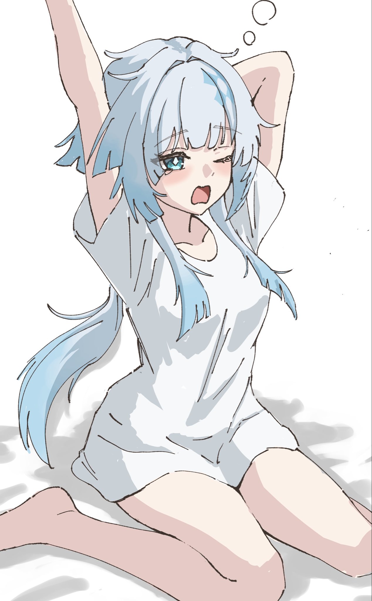 oimo imonium, cerydra (honkai: star rail), honkai: star rail, honkai (series), commentary request, highres, 1girl, barefoot, blue eyes, breasts, long hair, no panties, one eye closed, open mouth, shirt, simple background, sitting, small breasts, solo, thighs, very long hair, wariza, white background, white shirt, yawning