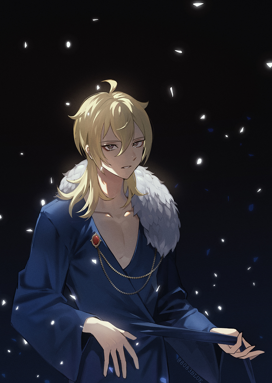8083 blue, hakaze kaoru, ensemble stars!, commentary request, highres, 1boy, ahoge, bare pectorals, black background, blonde hair, blue robe, brown eyes, collared shirt, hair between eyes, long hair, long sleeves, looking at viewer, male focus, parted lips, pectorals, robe, shirt, solo, twitter username
