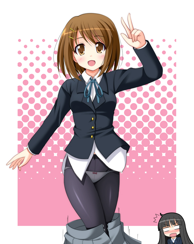 narutaki shin, akiyama mio, hirasawa yui, k-on!, 00s, 2girls, = =, accidental exposure, black hair, blunt bangs, blush, brown eyes, brown hair, crotch seam, hime cut, multiple girls, open mouth, panties, panties under pantyhose, pants falling, pantyhose, school uniform, skirt, surprised, underwear, v, wardrobe malfunction