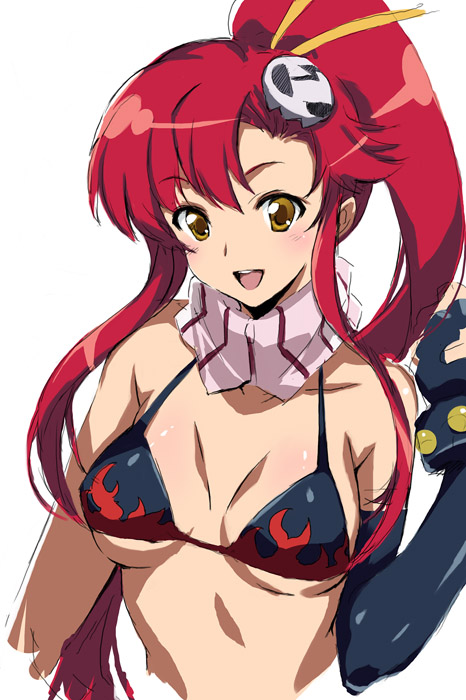kawata hisashi, yoko littner, tengen toppa gurren lagann, unfinished, 00s, 1girl, bikini, bikini top only, breasts, female focus, fingerless gloves, gloves, hair ornament, medium breasts, ponytail, red hair, scarf, solo, striped clothes, striped scarf, swimsuit, yellow eyes