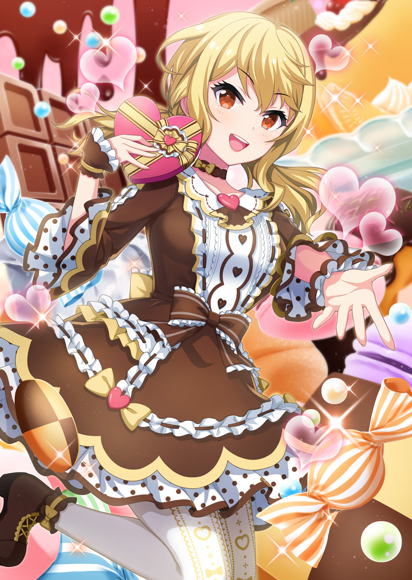 reina (project tokyo dolls), project tokyo dolls, official art, second-party source, 1girl, blonde hair, bow, bow choker, box, breasts, brooch, brown choker, brown dress, brown shoes, brown wrist cuffs, candy, chocolate, chocolate bar, choker, dot nose, dress, food, frilled dress, frills, hand up, heart, heart-shaped box, heart brooch, high heels, holding, holding box, jewelry, large breasts, lips, long hair, looking at viewer, open mouth, outstretched hand, pantyhose, reaching, reaching towards viewer, red eyes, shoes, smile, solo, sparkle, standing, standing on one leg, teeth, upper teeth only, valentine, white pantyhose, wrist cuffs, yellow bow