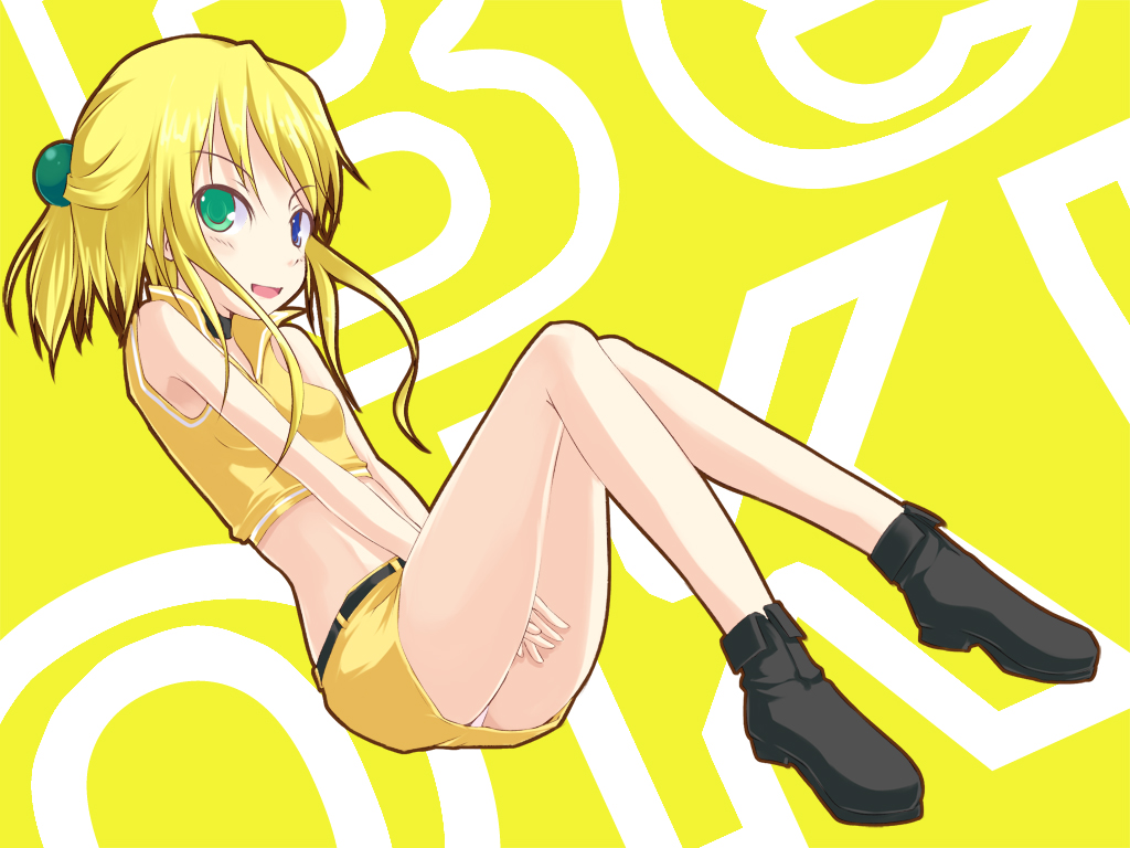 kuro (be ok), original, bad id, bad pixiv id, 1girl, blonde hair, female focus, green eyes, heterochromia, midriff, panties, pantyshot, purple eyes, short hair, solo, underwear