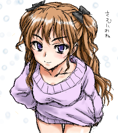 peter (artist), ogata rina, white album, white album (series), lowres, 1girl, bow, brown hair, dress, female focus, hair bow, leaning forward, long hair, looking at viewer, oekaki, purple eyes, solo, sweater, sweater dress