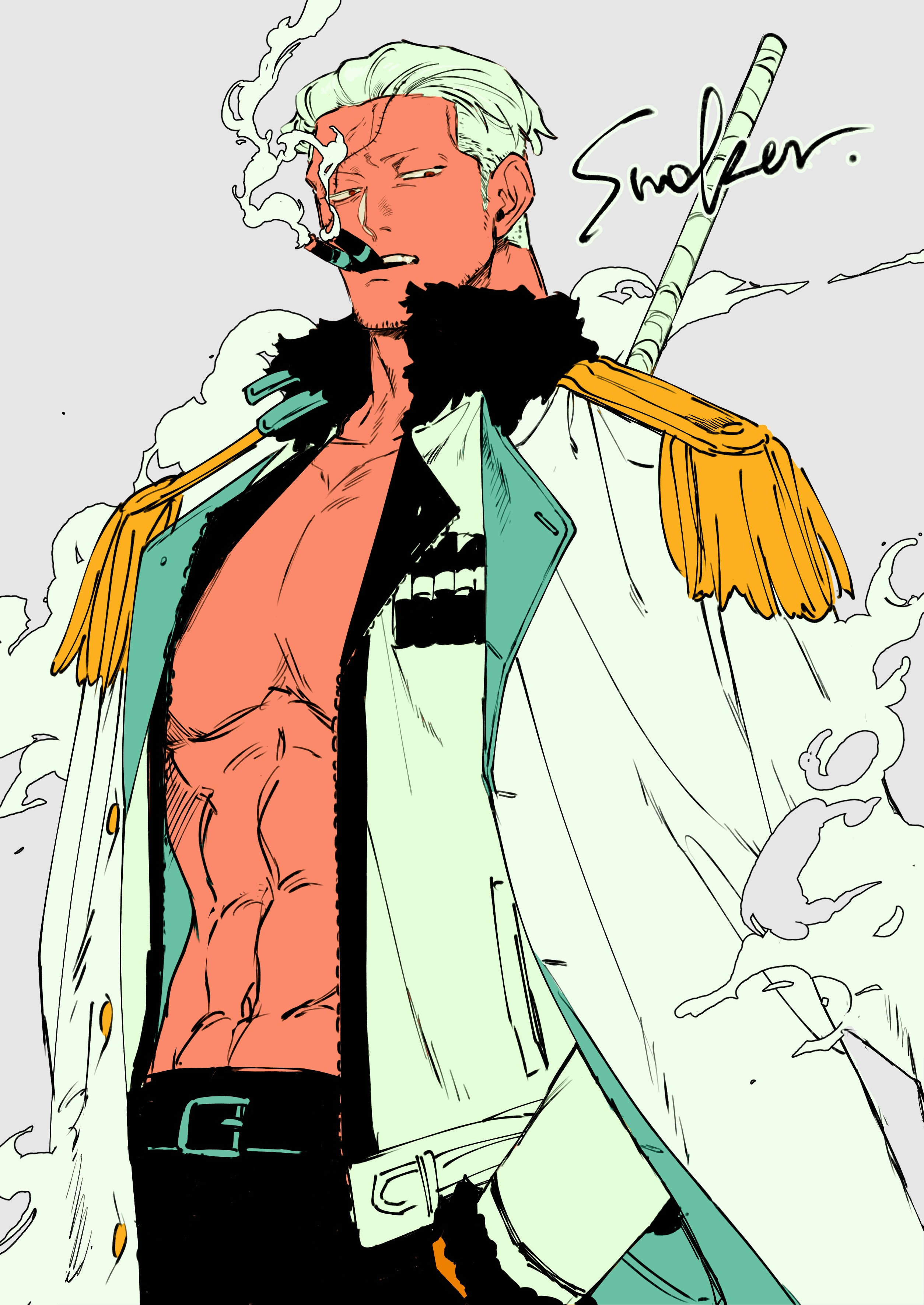 kabane (rjev8385), smoker (one piece), one piece, absurdres, commentary request, highres, 1boy, abs, belt, belt buckle, black belt, black pants, brown eyes, buckle, chain smoking, character name, cigar, coat, coat on shoulders, cowboy shot, epaulettes, fur-trimmed coat, fur-trimmed jacket, fur trim, grey background, hand in pocket, jacket, jitome, looking to the side, male focus, muscular, muscular male, no shirt, open clothes, open jacket, pants, pectorals, smoke, smoke trail, smoking, solo, undercut, white hair, white jacket, zipper