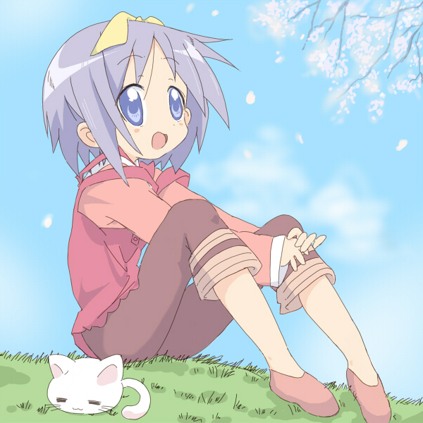 core (mayomayo), hiiragi tsukasa, nyamou, yoshimizu kagami (cat), lucky star, bad id, bad pixiv id, 00s, 1girl, cat, cathead, cherry blossoms, female focus, hair ribbon, ribbon, sitting, solo