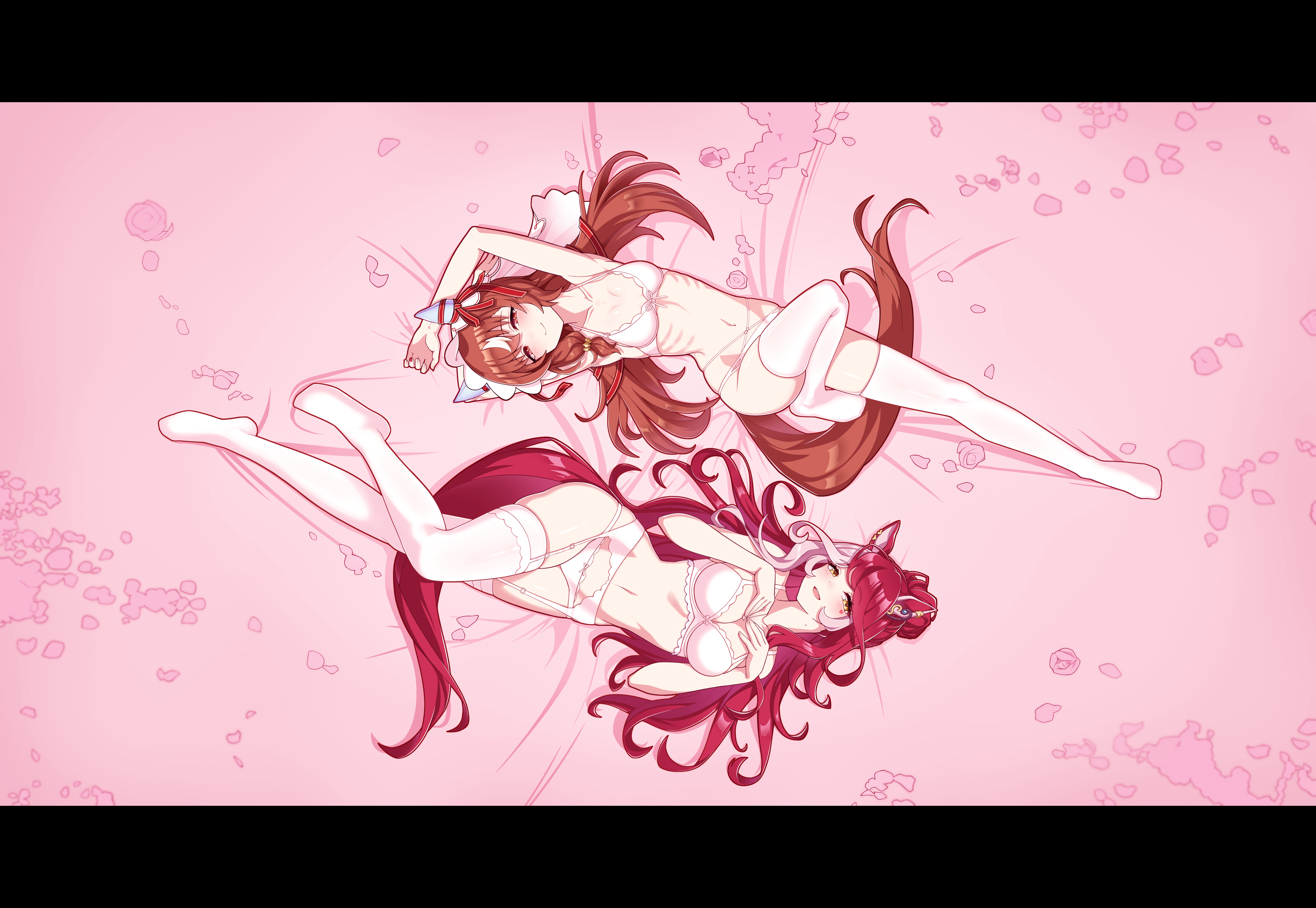 bails, loves only you (umamusume), still in love (umamusume), umamusume, absurdres, highres, 2girls, alternate costume, animal ears, bare arms, bare shoulders, bed, blush, bow, bow bra, bow panties, bra, breasts, brown hair, cleavage, facial tattoo, full body, garter belt, garter straps, hands on own chest, heart, heart tattoo, horse ears, horse girl, horse tail, long hair, looking at viewer, medium breasts, multiple girls, navel, open mouth, panties, ponytail, red eyes, red hair, ribs, simple background, solo, stomach, tail, tattoo, teeth, thighhighs, underwear, underwear only, upper teeth only, veil, white bra, white garter belt, white garter straps, white hair, white panties, white thighhighs, white veil, yellow eyes