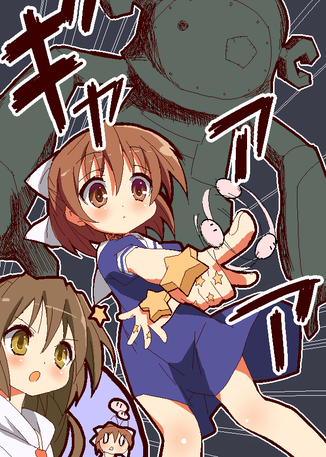 9law, furukawa nagisa, garbage doll, ibuki fuuko, okazaki ushio, clannad, dango daikazoku, jojo no kimyou na bouken, bad id, bad pixiv id, 3girls, :o, child, multiple girls, parody, stand (jojo), starfish